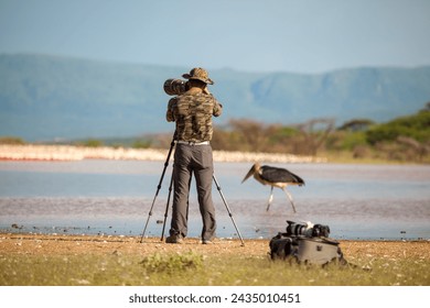 A wildlife photographer, gear in hand, captures the beauty of flamingos by a water body in a serene natural setting - Powered by Shutterstock