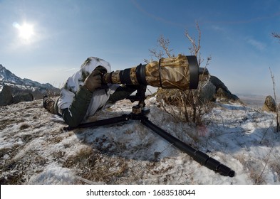 Wildlife Photographer Outdoor In Cold Winter