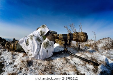 Wildlife Photographer Outdoor In Cold Winter