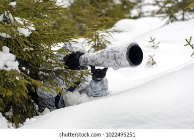 Wildlife Photographer Outdoor In Winter. Photographer In Winter Camouflage