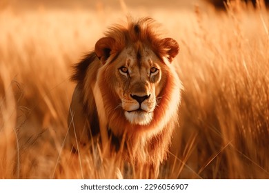 Wildlife photography of a male lion haunting in Savannah field at sunset