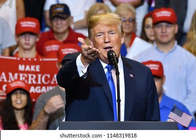 WILKES-BARRE, PA - AUGUST 2, 2018: President Donald Trump Gestures To The Media As He Discusses 