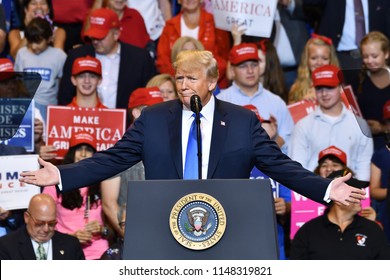 WILKES-BARRE, PA - AUGUST 2, 2018: President Donald Trump Gestures 