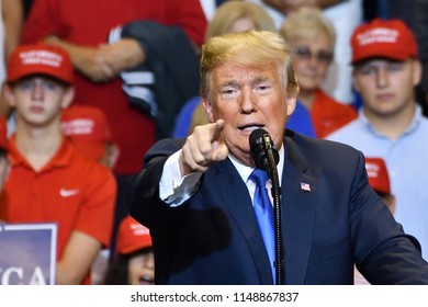 WILKES-BARRE, PA - AUGUST 2, 2018: President Donald Trump Points To The 