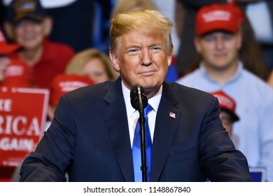 WILKES-BARRE, PA - AUGUST 2, 2018: President Donald Trump Portrait Of His Gazes Toward The Audience Of A Campaign Rally For Congressman Lou Barletta. 