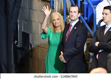 WILKES-BARRE, PA - AUGUST 2, 2018: Kellyanne Conway Stands Near The Stage Exit During A Trump Campaign Rally For Congressman Lou Barletta Who Is Running For Senate.