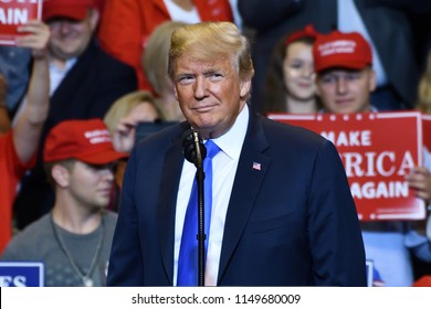 WILKES-BARRE, PA - AUGUST 2, 2018: President Trump Portrait As He Pauses On Stage At A Campaign Rally For Congressman Lou Barletta.