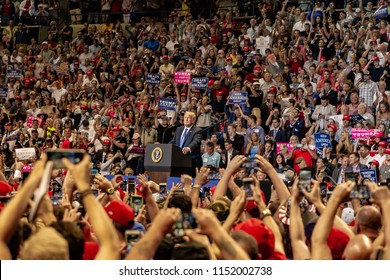 WILKES-BARRE, PA - AUGUST 2, 2018: President Donald J. Trump delivers a speech during the "Make America Great Again" rally held at the Mohegan Sun Arena.