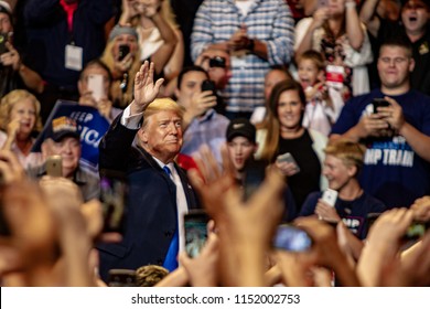 WILKES-BARRE, PA - AUGUST 2, 2018: President Donald J. Trump Waves To His Fans During The 