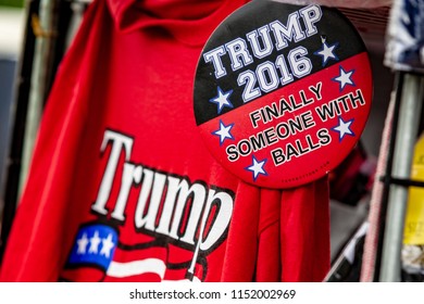 WILKES-BARRE, PA - AUGUST 2, 2018: Pro-Trump Merchandise Is Displayed On A Vendor's Cart During The 