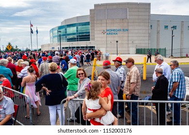 WILKES-BARRE, PA - AUGUST 2, 2018: Trump Supporters Wait In Line Outside Prior To The Start Of The 