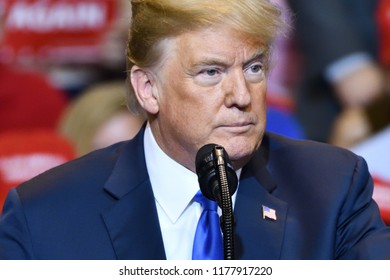 WILKES-BARRE, PA - AUGUST 2, 2018:  President Donald Trump Closeup Portrait Looking Left While Delivering A Speech At A Campaign Rally At The Mohegan Sun Arena.