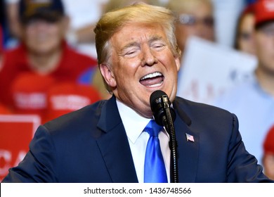 WILKES-BARRE, PA - AUGUST 2, 2018: President Donald Trump Shows Passion While Delivering A Campaign Rally Speech At The Mohegan Sun Arena.