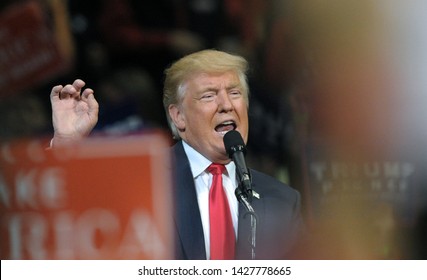 WILKES-BARRE, PENNSYLVANIA/USA – OCTOBER 10, 2016: Republican Presidential nominee Donald Trump appears during a rally Oct. 10, 2016, at Mohegan Sun Arena in Wilkes-Barre, Pennsylvania. 
