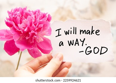 I will make a way - God - christian card with biblical lettering and pink peony flower - Shutterstock ID 2259924621