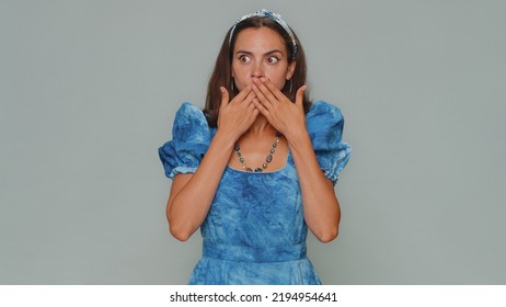 I Will Not Say Anyone. Frightened Young Woman Closing Her Mouth With Hand, Looking Intimidated Scared At Camera, Gestures No, Refusing To Tell Terrible Secret, Unbelievable Truth. Adult Female Girl