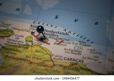 Willemstad, the capital city of Curacao pinned on geographical map