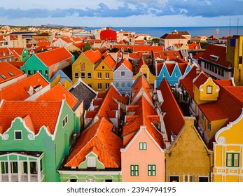 Willemstad, Curacao Dutch Antilles. Colorful Buildings attract tourists from all over the world. Blue sky sunny day Curacao Willemstad, close up of colorful houses of Curacao
