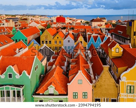 Willemstad, Curacao Dutch Antilles. Colorful Buildings attract tourists from all over the world. Blue sky sunny day Curacao Willemstad, close up of colorful houses of Curacao