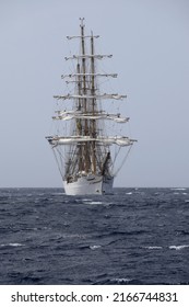 Willemstad, Curacao - June 12, 2022: Cisne Branco on high seas of the coast seen from the ocean; sail away with during the Velas Latinoamérica Curaçao 2022 festival in Curacao