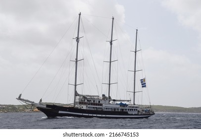 Willemstad, Curacao - June 12, 2022: Capitan Miranda of the coast seen from the ocean; sail away with during the Velas Latinoamérica Curaçao 2022 festival in Curacao