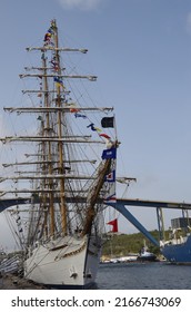 Willemstad, Curacao - June 9, 2022: Mexican Navy training vessel ARM Cuauhtémoc moored at the pier at Annabaai during the Velas Latinoamérica Curaçao 2022 festival in Curacao