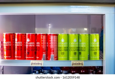 Willemstad, Curacao, Netherlands - December 5, 2019: Cannabis Energy Drink on store shelf at Willemstad, Curacao, Netherlands on December 5, 2019
