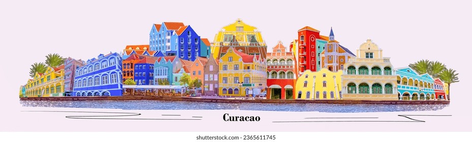 Willemstad, Curacao, Netherlands - promenade with colorful buildings at sunny day. Collage