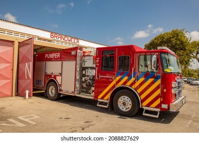 Willemstad, Curaçao - March 2020: Fire Truck In Willemstad, Curaçao
