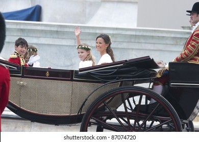 William Lowther-Pinkerton, Lady Louise Windsor And Pippa Middleton Return To Buckingham Palace The Wedding Ceremony Of William And Kate, London. On 29/04/2011. Picture By: Steve Vas / Featureflash