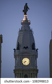 William Penn Statue And Clock On The Top Of City Hall, Philadelphia, Pennsylvania