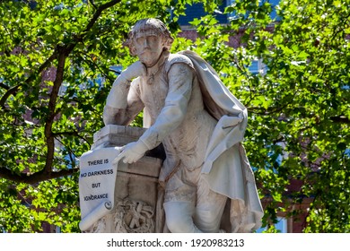 William Shakespeare Marble Statue Erected In 1874 In Leicester Square Gardens London England UK Which Is A Popular Tourist Travel Destination Attraction Landmark, Stock Photo Image