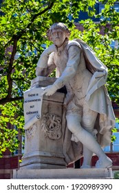 William Shakespeare Marble Statue Erected In 1874 In Leicester Square Gardens London England UK Which Is A Popular Tourist Travel Destination Attraction Landmark, Stock Photo Image