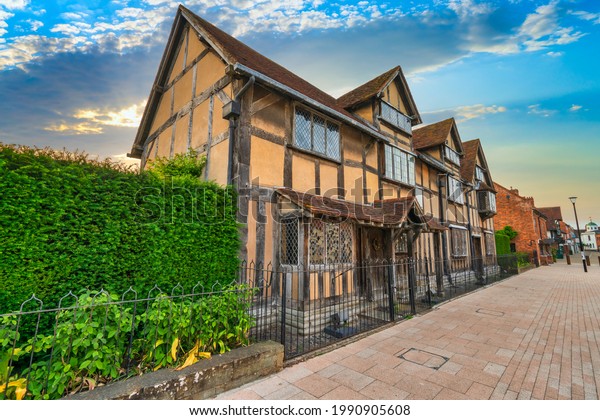 William Shakespeares\
birthplace place house on Henley street in Stratford upon Avon in\
England, United Kingdom