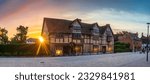 William Shakespeares birthplace place panorama at sunrise. Henley street in Stratford upon Avon in England, United Kingdom