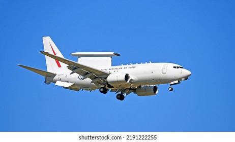 William Town, New South Wales Australia – August 16, 2022 Boeing E-7A Wedgetail Landing At Newcastle Airport.