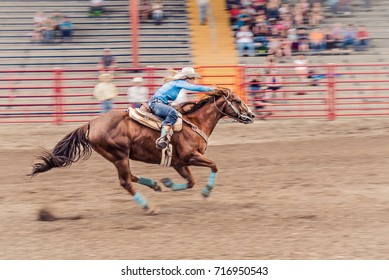 WILLIAMS LAKE, BRITISH COLUMBIA, CANADA - JULY 30, 2016 Cowgirl and horse pushing through the final stretch of a barrel racing competition at the 90th Williams Lake Stampede.