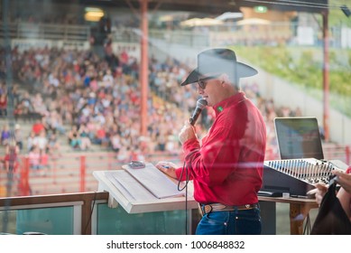 Williams Lake, British Columbia/Canada - July 1, 2016: Rodeo Announcer Tyson Pietsch At Work During The 90th Williams Lake Stampede, One Of The Largest Stampedes In North America.