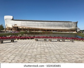 Williamstown, KY, USA - November 3, 2017:  Exterior of Noah's ark replica at the Ark Encounter Theme Park in Williamstown, Kentucky, USA with blue sky copy space.