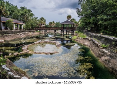 Williston, Florida/USA - July 8, 2017: Devil's Den Recreational Area With Large Creek And Gazebo.