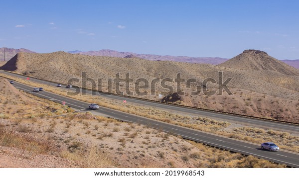 Willow Beach, AZ, USA 8-1-21: US Route 93. This
major highway travels from Arizona through Nevada, Idaho, and to
Montana. The road continues into Canada at the northern border.
Future route of I-11.