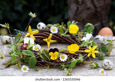 Willow Wreath With Spring Flowers As Decoration