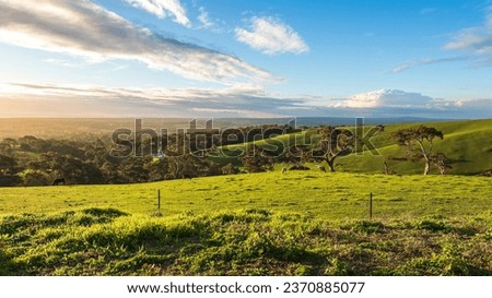 Willunga Hill green farmlands during winter season from above, South Australia