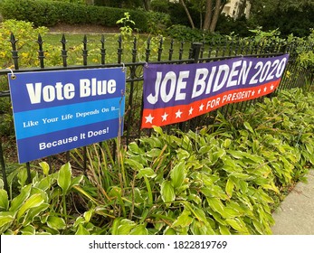 Wilmette, IL/USA-September 27 2020: Biden-Harris Campaign Yard Signs In An Affluent Suburban Chicago Neighborhood.