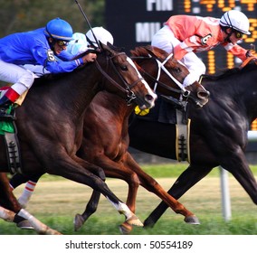 WILMINGTON, DE : April 16: Jockeys Racing Toward The Finish Line At Delaware Park Racetrack On April 16, 2009 In Wilmington, Delaware