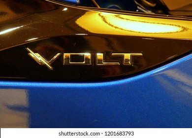 Wilmington, Delaware, U.S.A - The Car Emblem Of Chevy Volt All Electric In Blue Color Vehicle