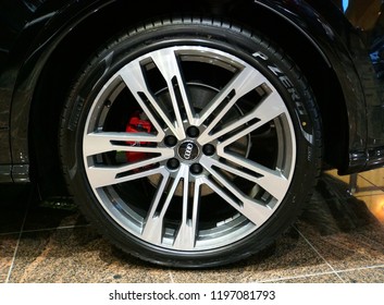 Wilmington, Delaware, U.S.A - October 5, 2018 -  A chrome wheel on an Audi car with Pirelli PZero run flat tire 