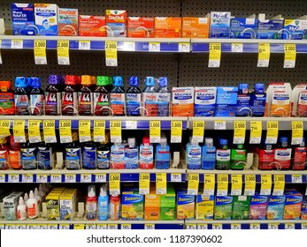 Wilmington, Delaware, U.S.A - September 23, 2018 - Variety of cold, cough and flu medicine on the shelves at Walgreens