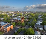 Wilmington, North Carolina, USA historic churches and downtown viewed from above.