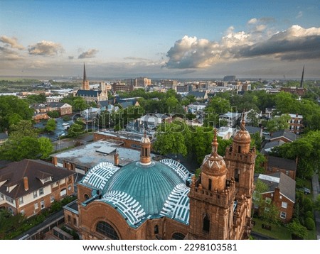 Wilmington, North Carolina, USA historic churches and downtown viewed from above.